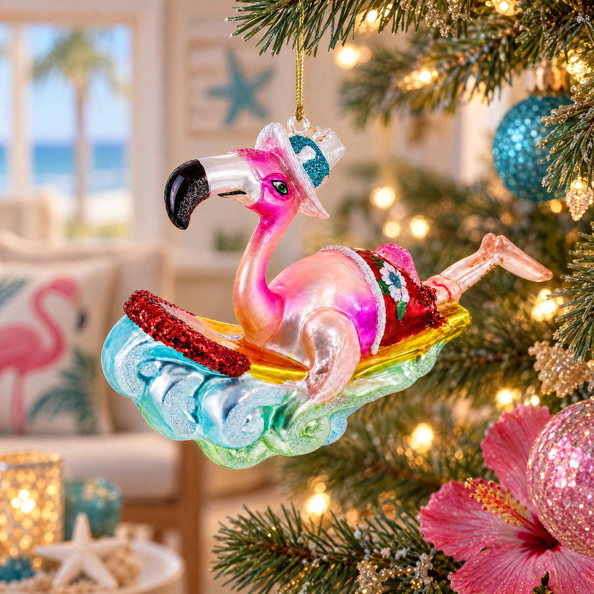 Pink Flamingo Riding a Surf Wave Glass Christmas Ornament