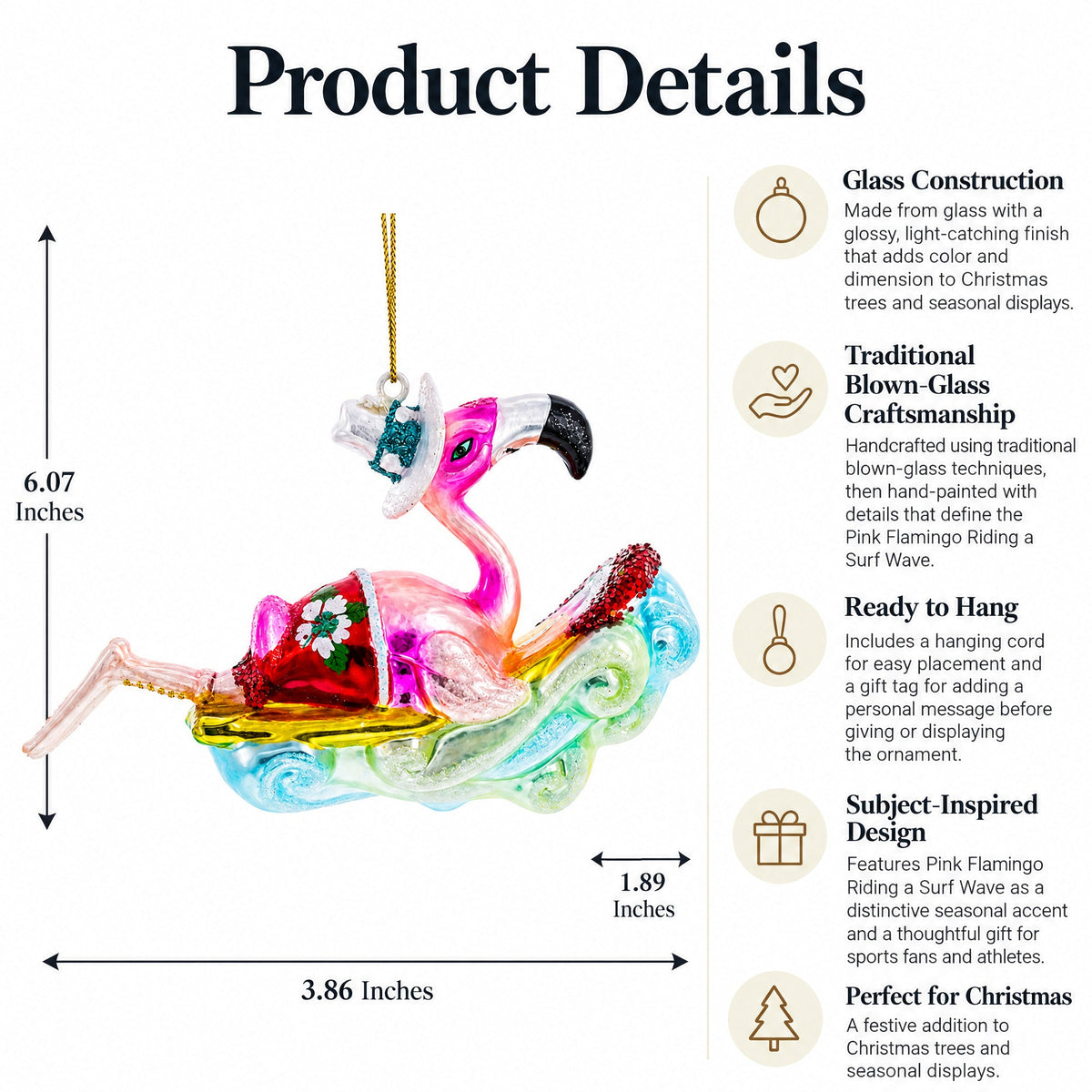 Pink Flamingo Riding a Surf Wave Glass Christmas Ornament