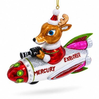 Deer Cameraman Aboard Space Rocket Glass Christmas Ornament