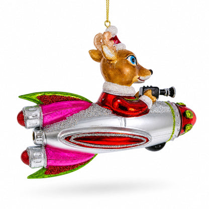 Deer Cameraman Aboard Space Rocket Glass Christmas Ornament