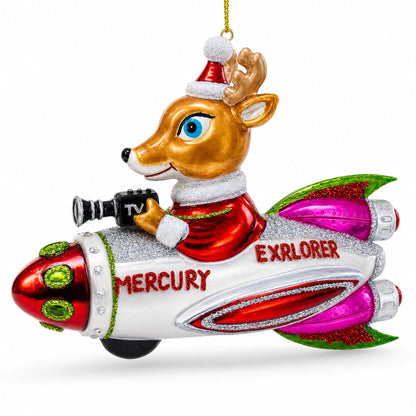 Deer Cameraman Aboard Space Rocket Glass Christmas Ornament