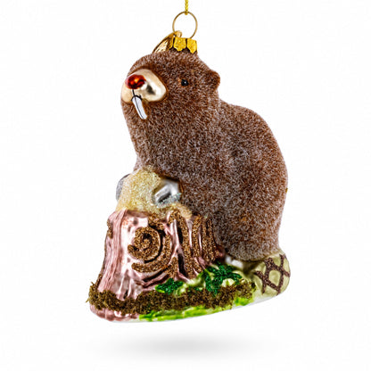 Beaver Holding a Log Glass Christmas Ornament