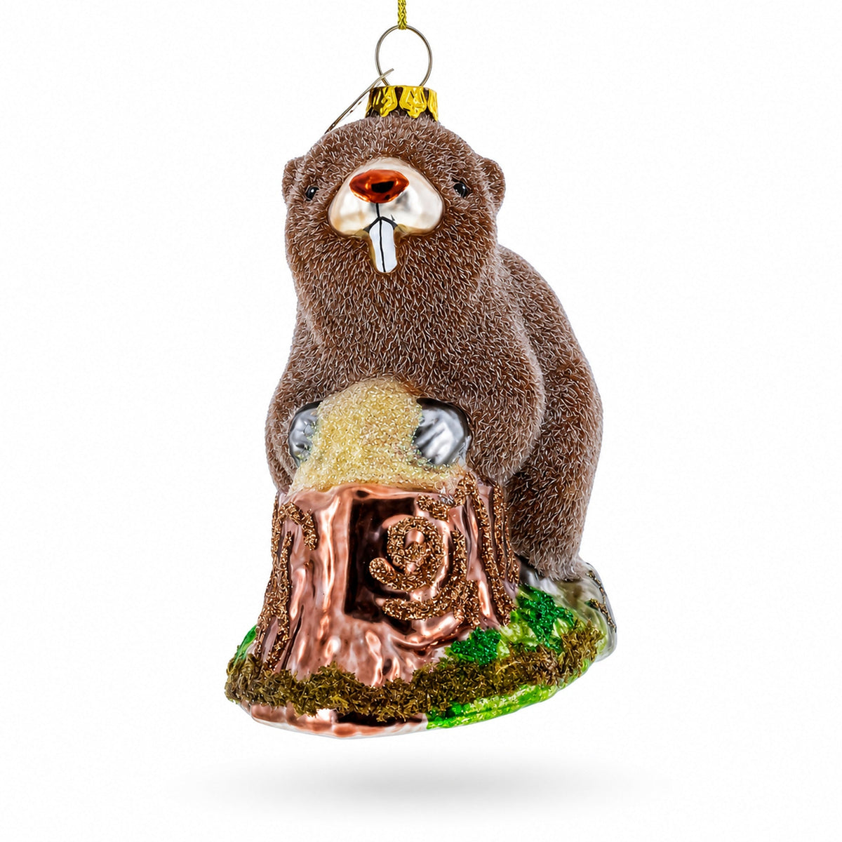 Beaver Holding a Log Glass Christmas Ornament