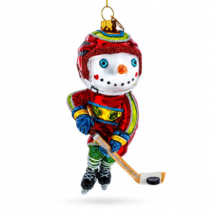 Snowman Playing Hockey Glass Christmas Ornament