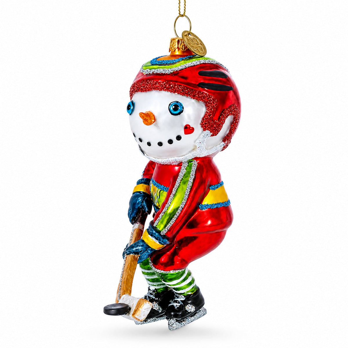 Snowman Playing Hockey Glass Christmas Ornament