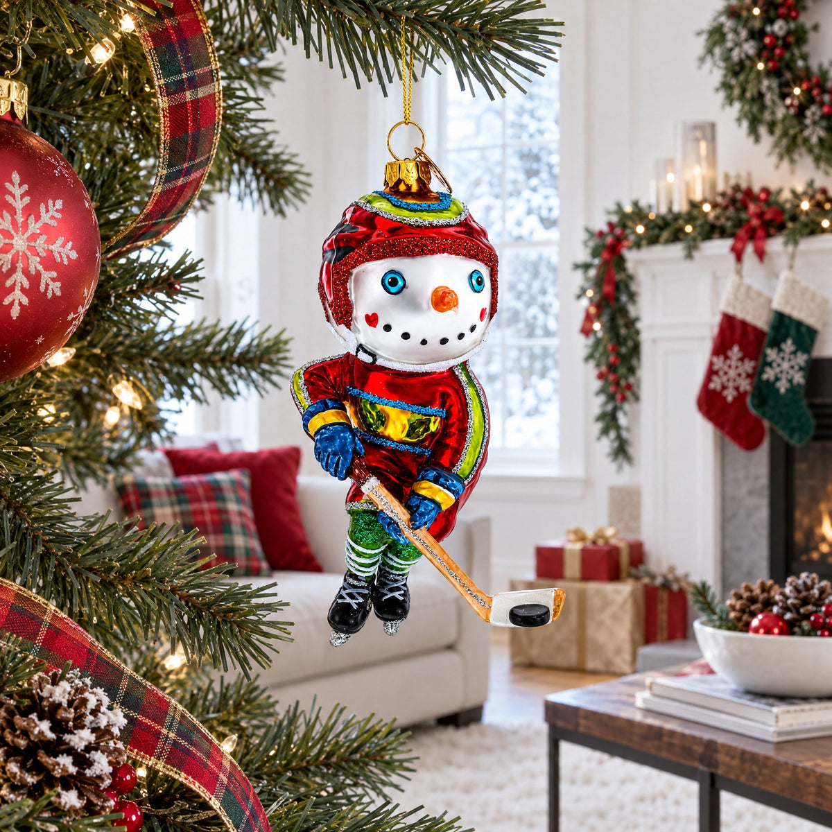 Snowman Playing Hockey Glass Christmas Ornament