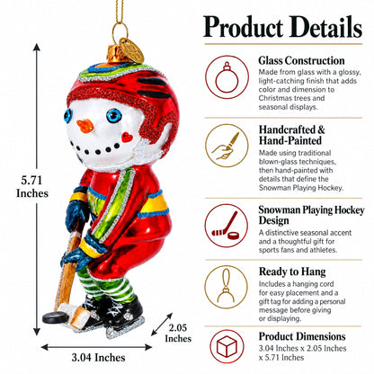 Snowman Playing Hockey Glass Christmas Ornament