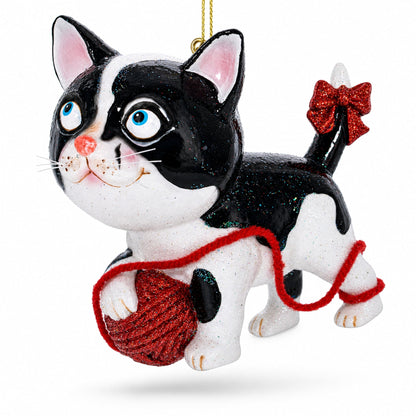 Kitten Entangled with Yarn Ball Glass Christmas Ornament