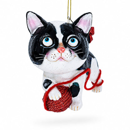 Kitten Entangled with Yarn Ball Glass Christmas Ornament