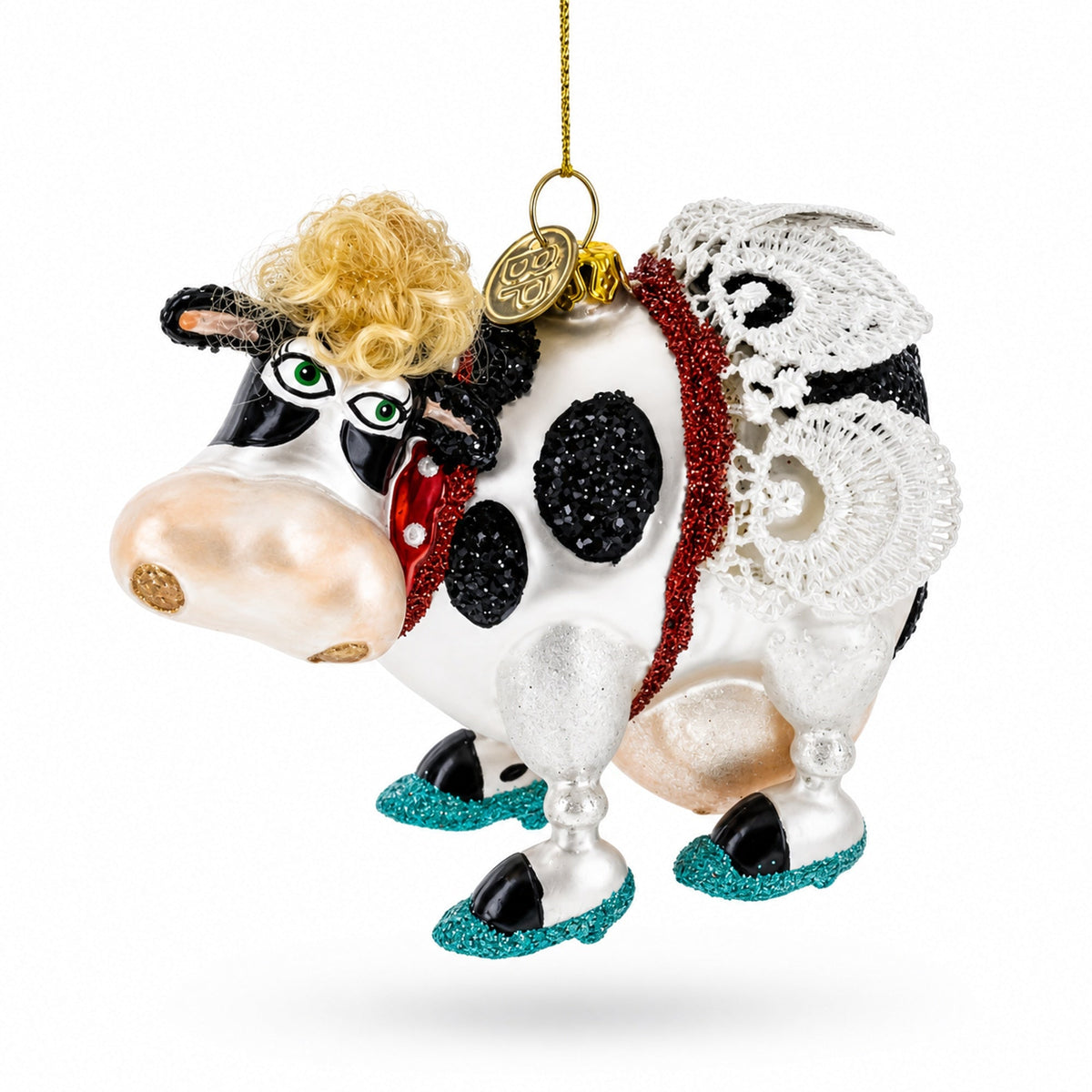 Cow Sporting Wings Glass Christmas Ornament
