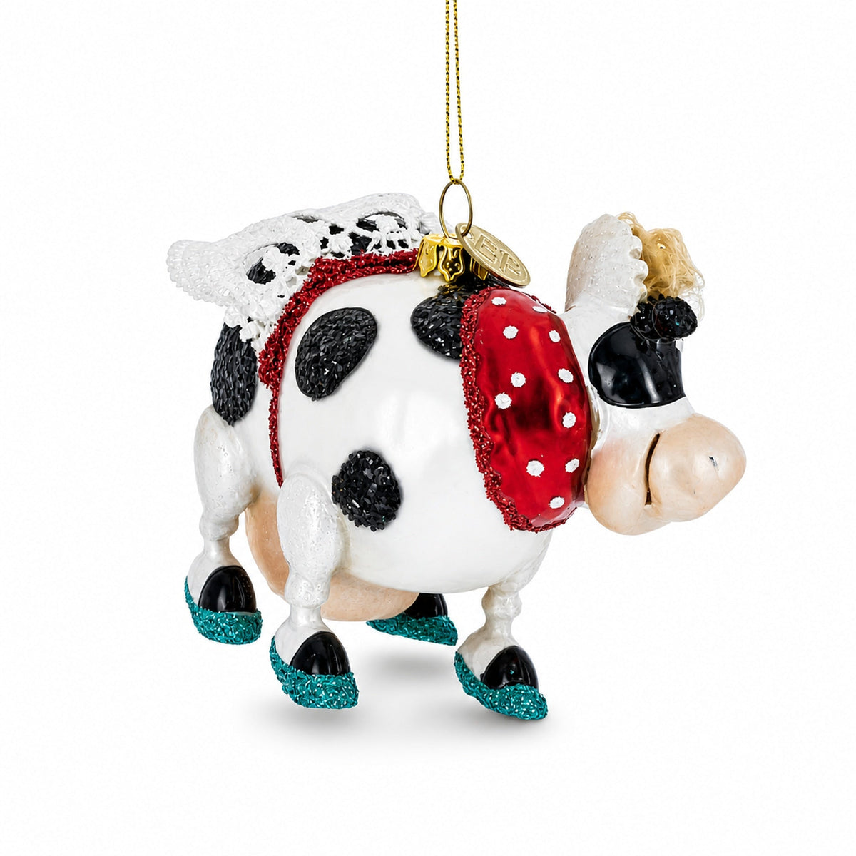 Cow Sporting Wings Glass Christmas Ornament
