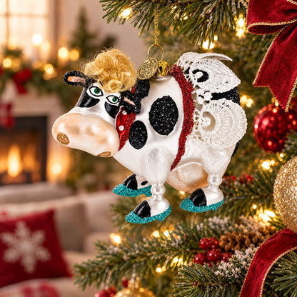 Cow Sporting Wings Glass Christmas Ornament