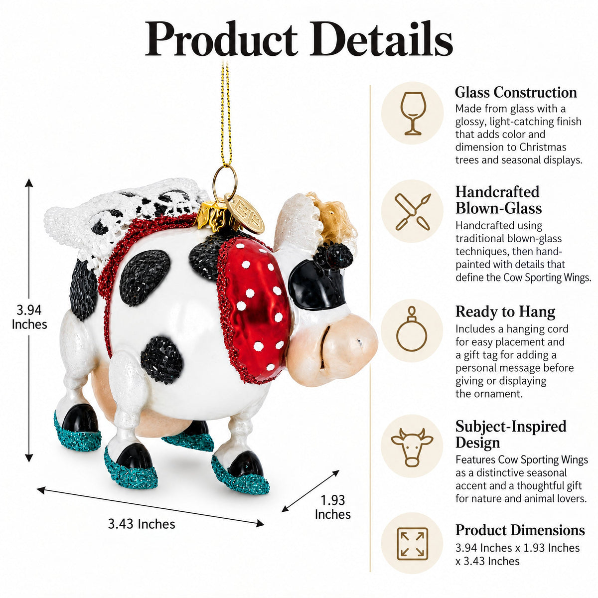 Cow Sporting Wings Glass Christmas Ornament