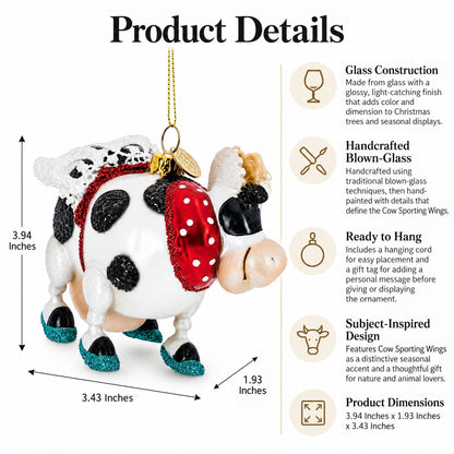 Cow Sporting Wings Glass Christmas Ornament