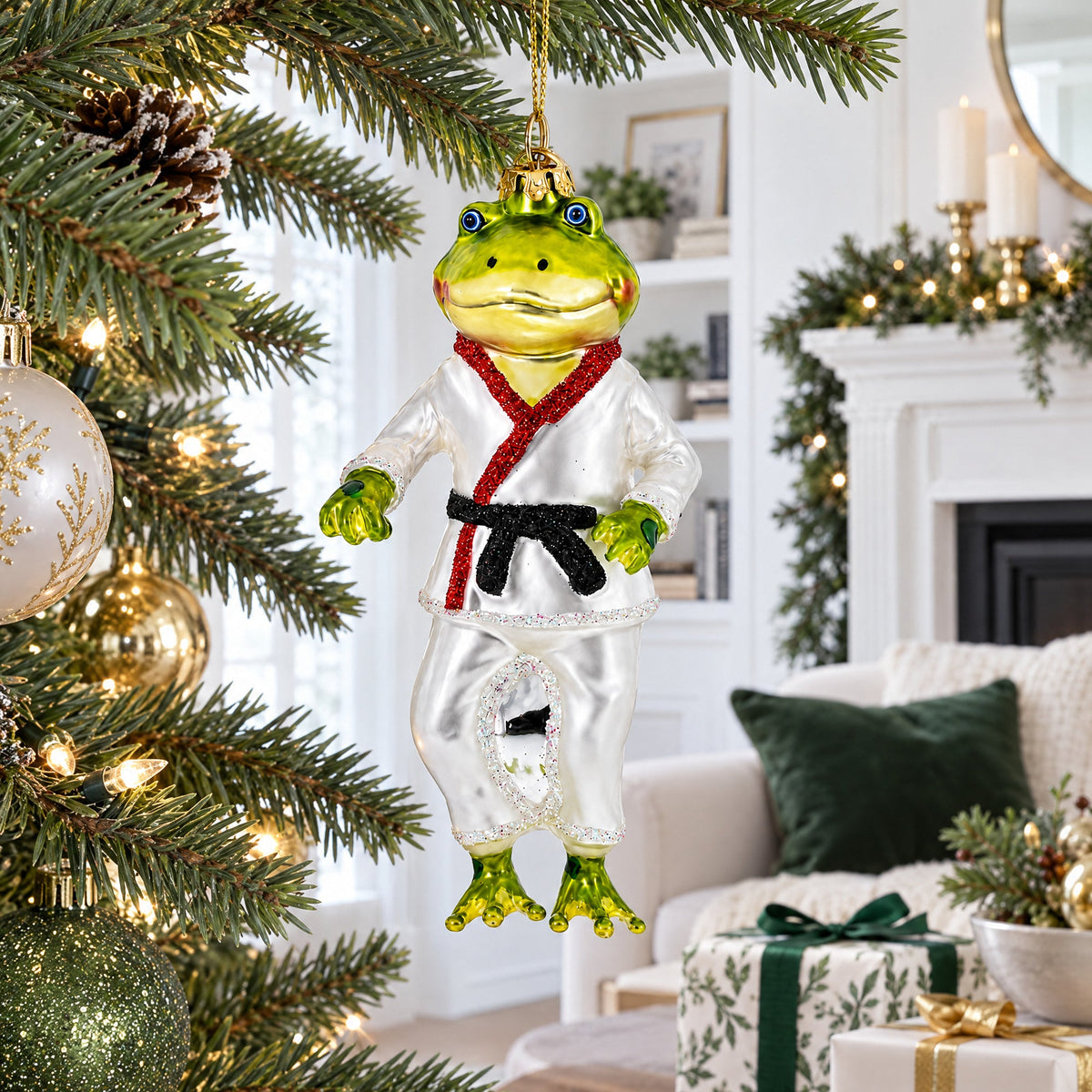 Frog Engaged in Martial Arts Glass Christmas Ornament
