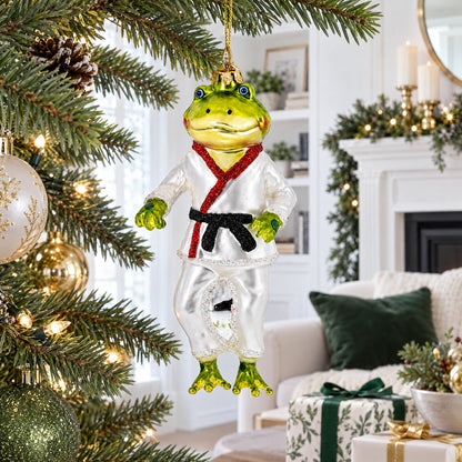 Frog Engaged in Martial Arts Glass Christmas Ornament