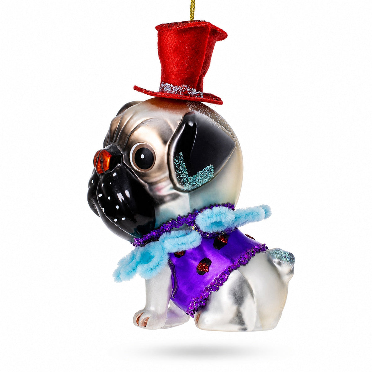 Pug in a Festive Red Hat Glass Christmas Ornament