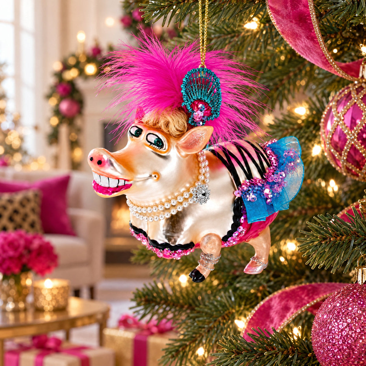 Fashion-Forward Pig Glass Christmas Ornament