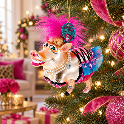 Fashion-Forward Pig Glass Christmas Ornament