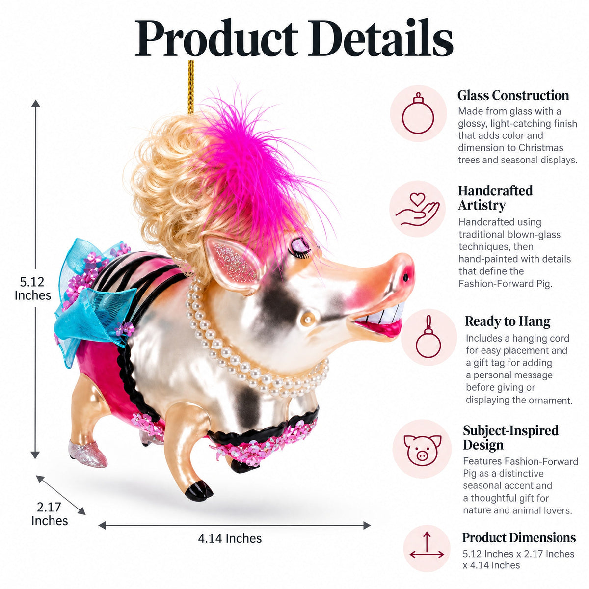 Fashion-Forward Pig Glass Christmas Ornament
