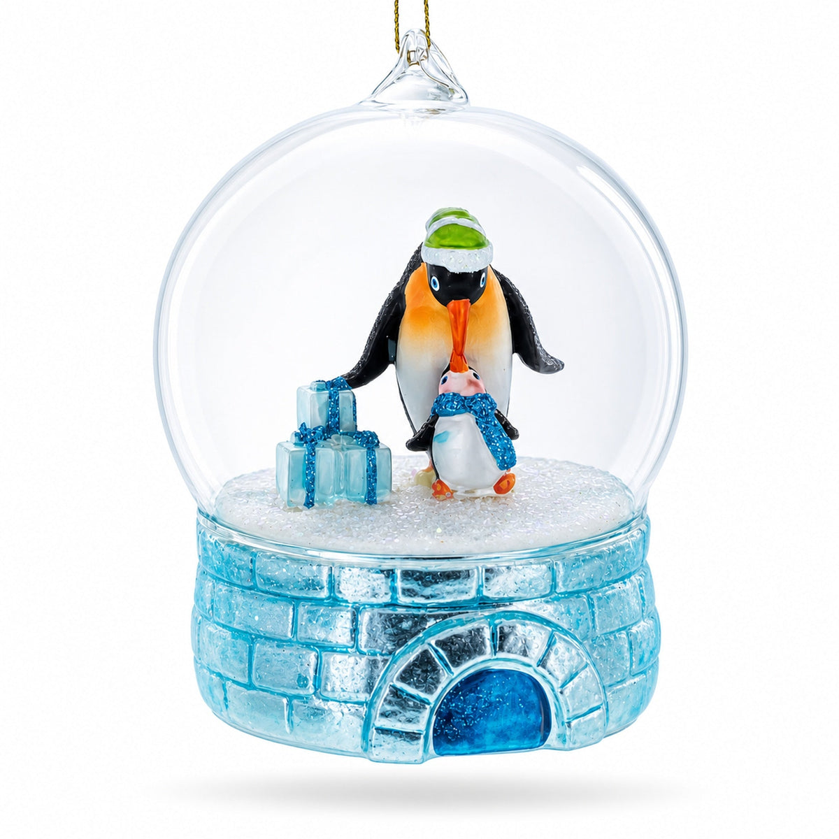 Penguins in the Igloo Dome Glass Christmas Ornament