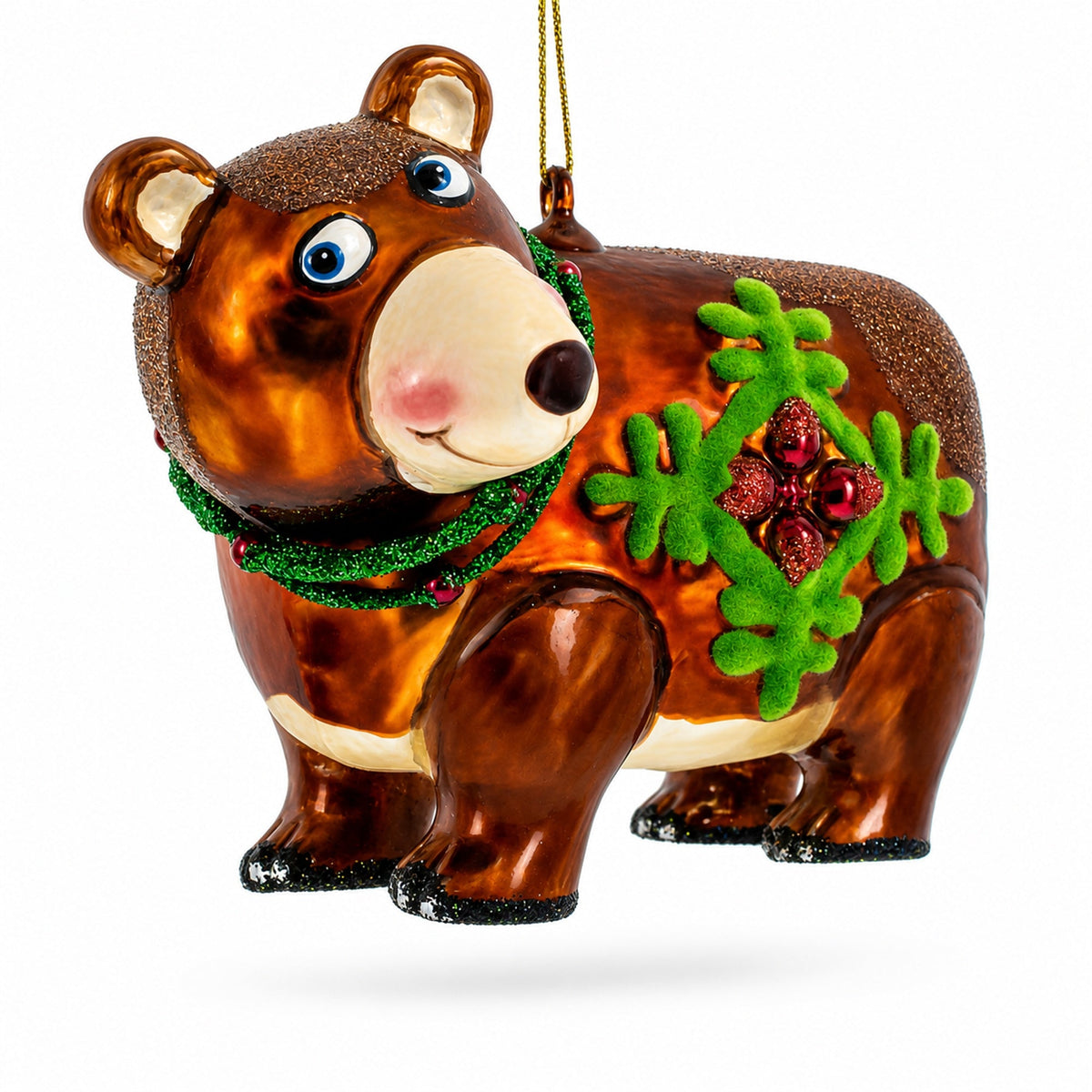 Brown Bear Holding a Poinsettia Glass Christmas Ornament