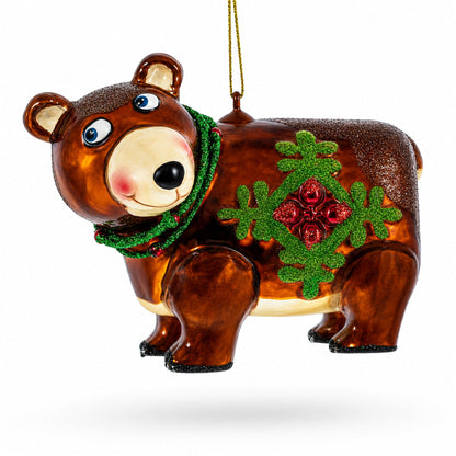 Brown Bear Holding a Poinsettia Glass Christmas Ornament