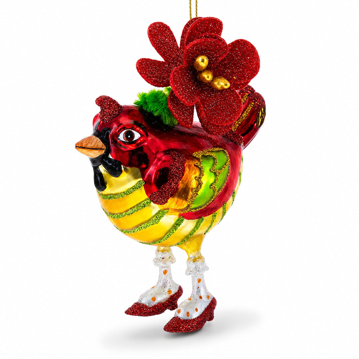 Hen Adorned with a Hat Glass Christmas Ornament