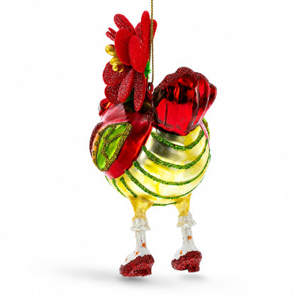 Hen Adorned with a Hat Glass Christmas Ornament