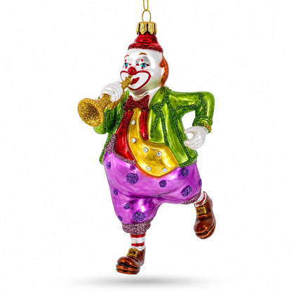 Jovial Clown Performing on Trumpet Glass Christmas Ornament