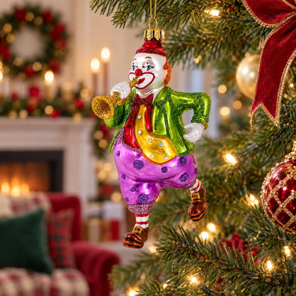 Jovial Clown Performing on Trumpet Glass Christmas Ornament