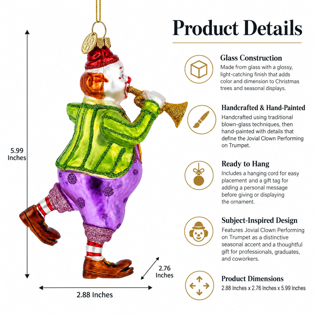 Jovial Clown Performing on Trumpet Glass Christmas Ornament