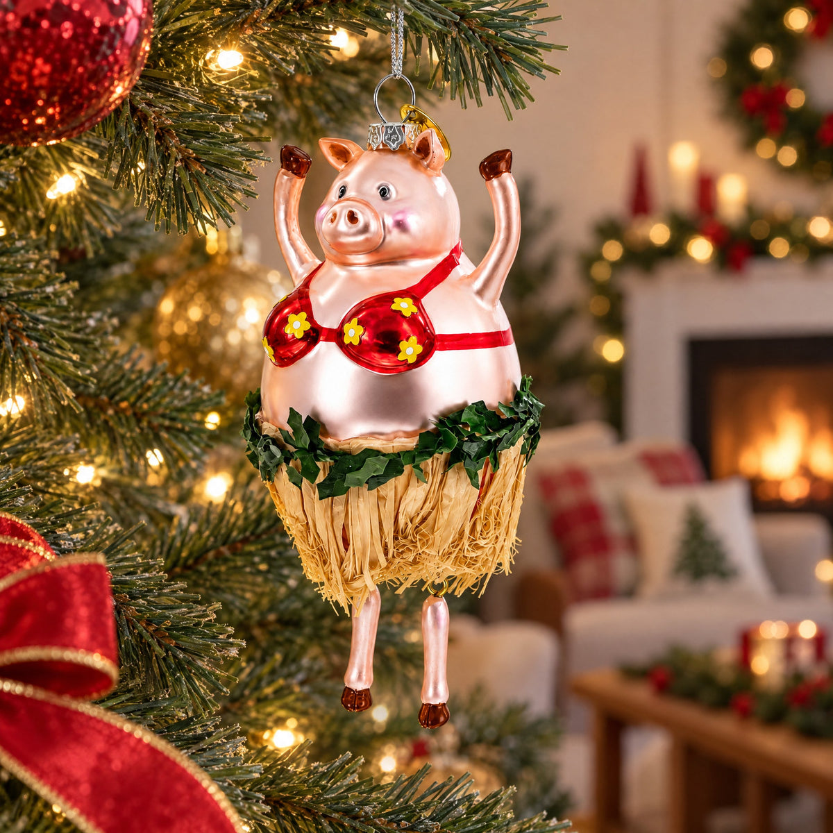 Pig Dancing in a Bra Glass Christmas Ornament
