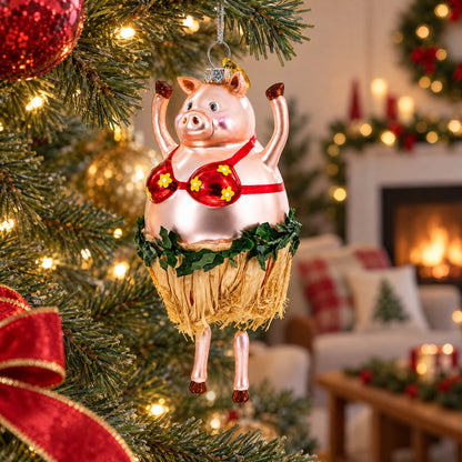 Pig Dancing in a Bra Glass Christmas Ornament
