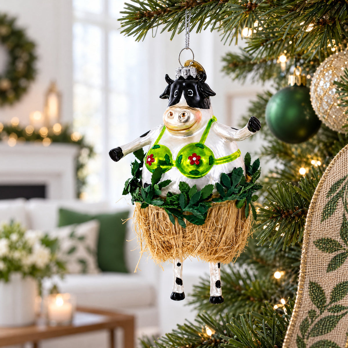 Cow in Grass Skirt and Floral Bikini Glass Christmas Ornament