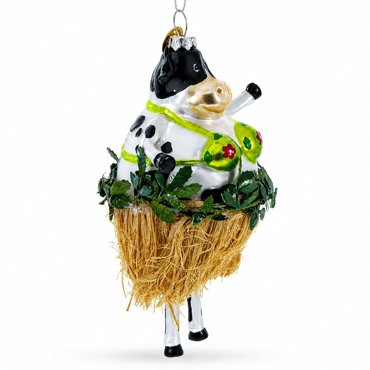 Cow in Grass Skirt and Floral Bikini Glass Christmas Ornament