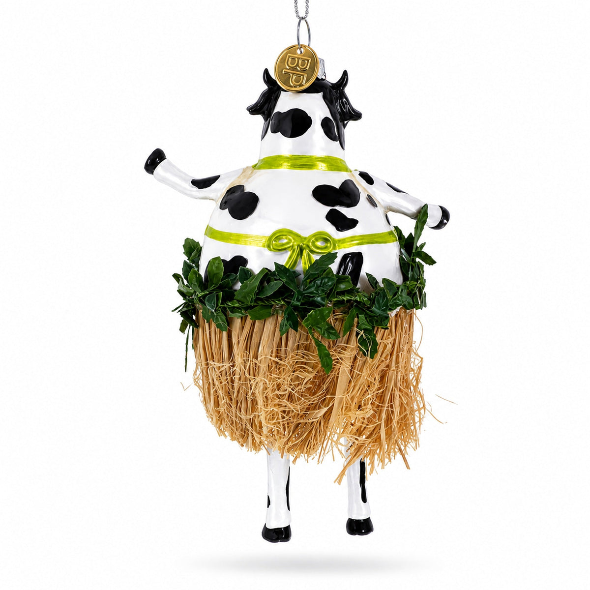 Cow in Grass Skirt and Floral Bikini Glass Christmas Ornament