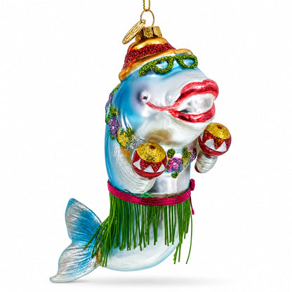 Hawaiian Shark with Maracas Glass Christmas Ornament
