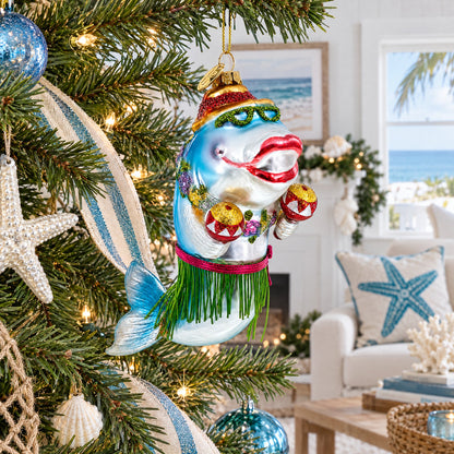 Hawaiian Shark with Maracas Glass Christmas Ornament