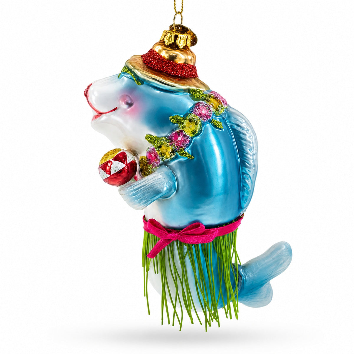 Hawaiian Shark with Maracas Glass Christmas Ornament
