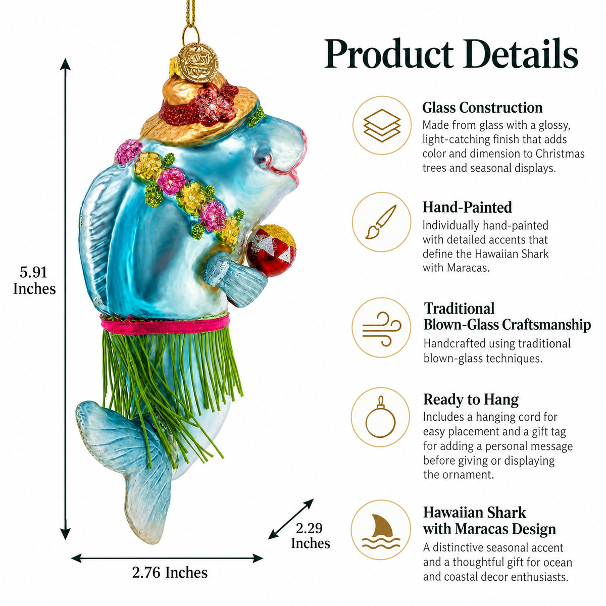 Hawaiian Shark with Maracas Glass Christmas Ornament