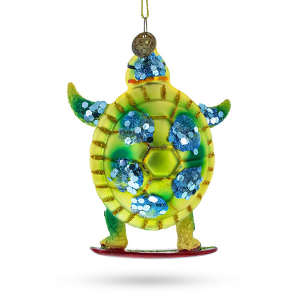 Turtle Surfing Glass Christmas Ornament