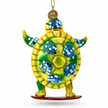 Turtle Surfing Glass Christmas Ornament