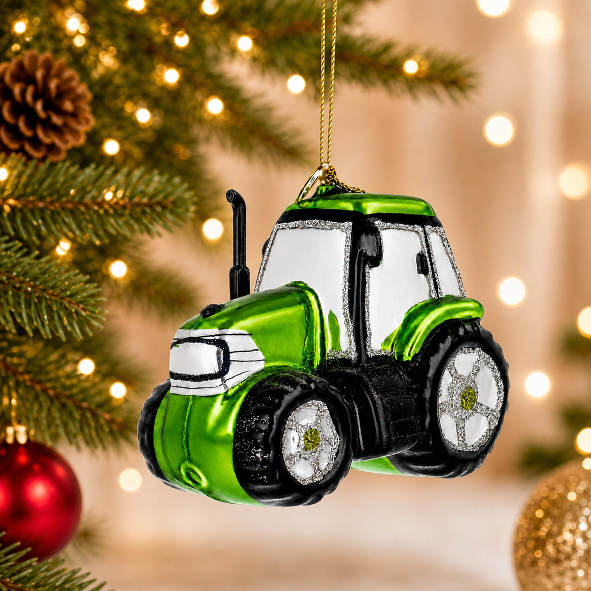 Rustic Green Tractor Glass Christmas Ornament