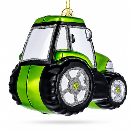 Rustic Green Tractor Glass Christmas Ornament