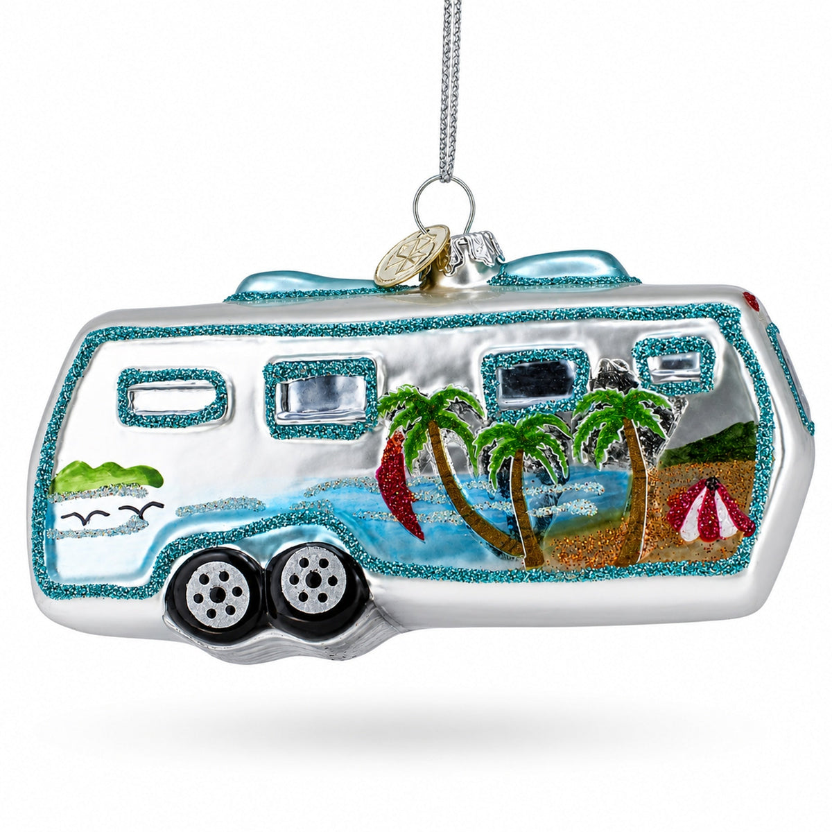Silver Camper Trailer Glass Christmas Ornament
