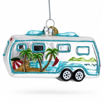 Silver Camper Trailer Glass Christmas Ornament