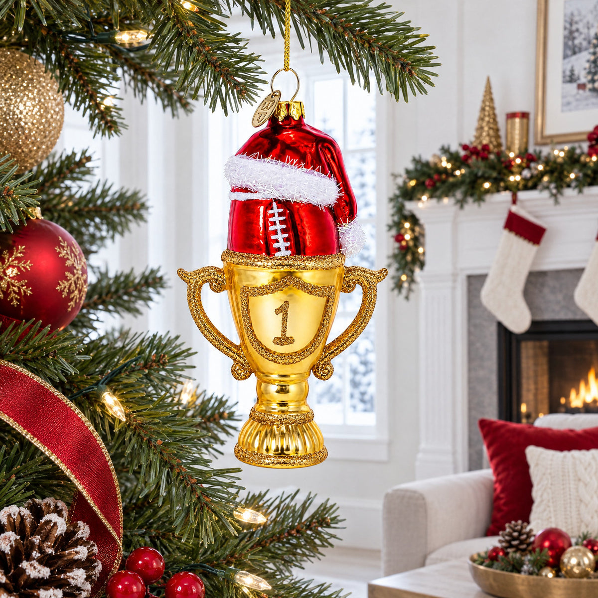 Football Trophy in Santa Hat Glass Christmas Ornament
