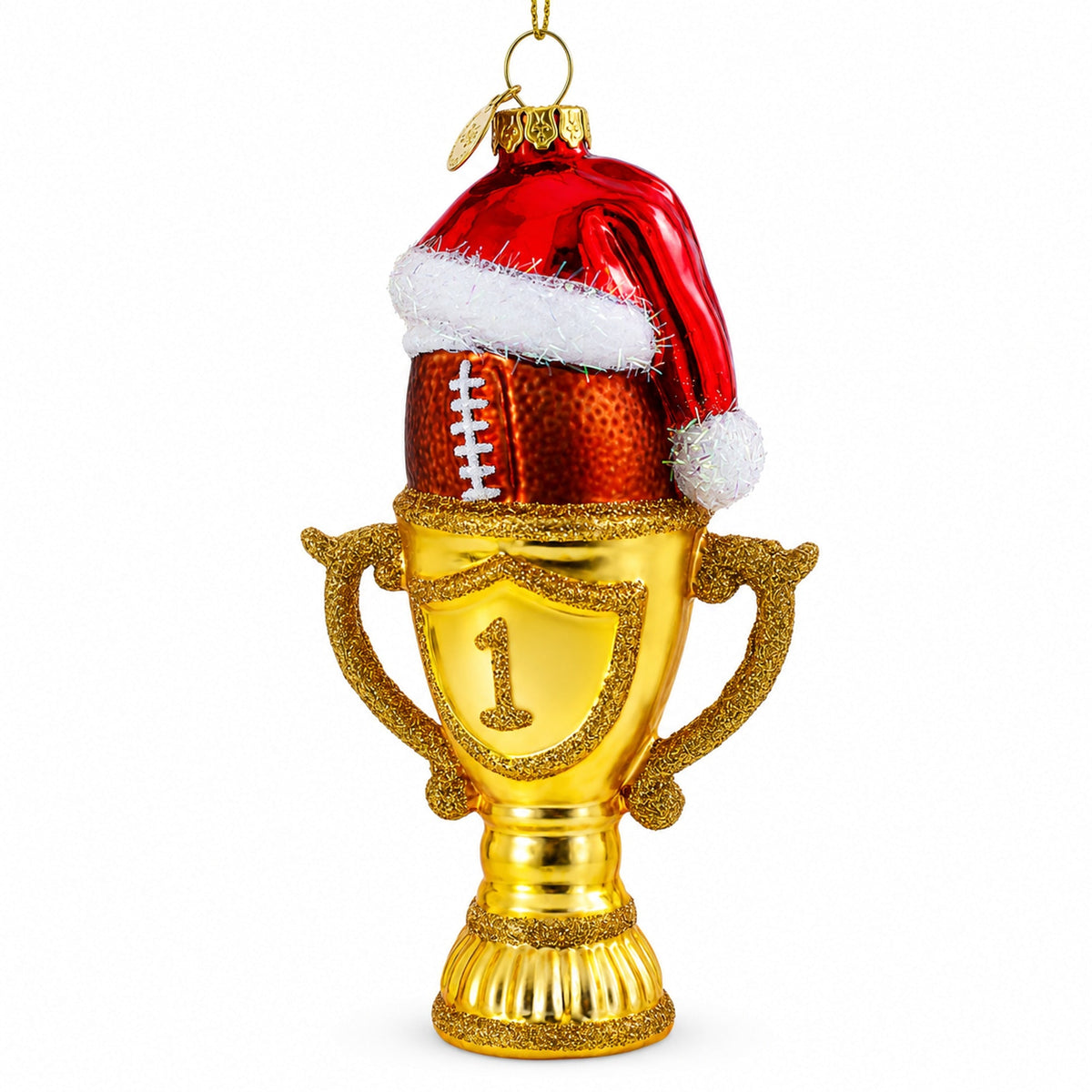 Football Trophy in Santa Hat Glass Christmas Ornament