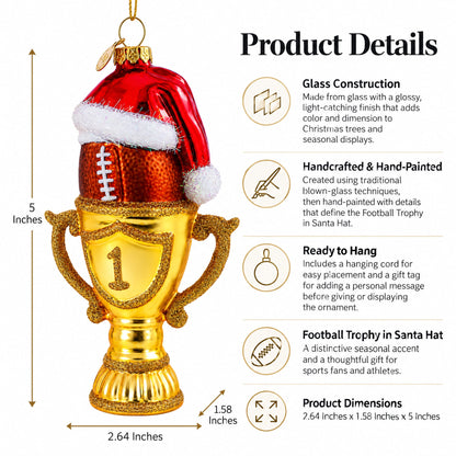 Football Trophy in Santa Hat Glass Christmas Ornament